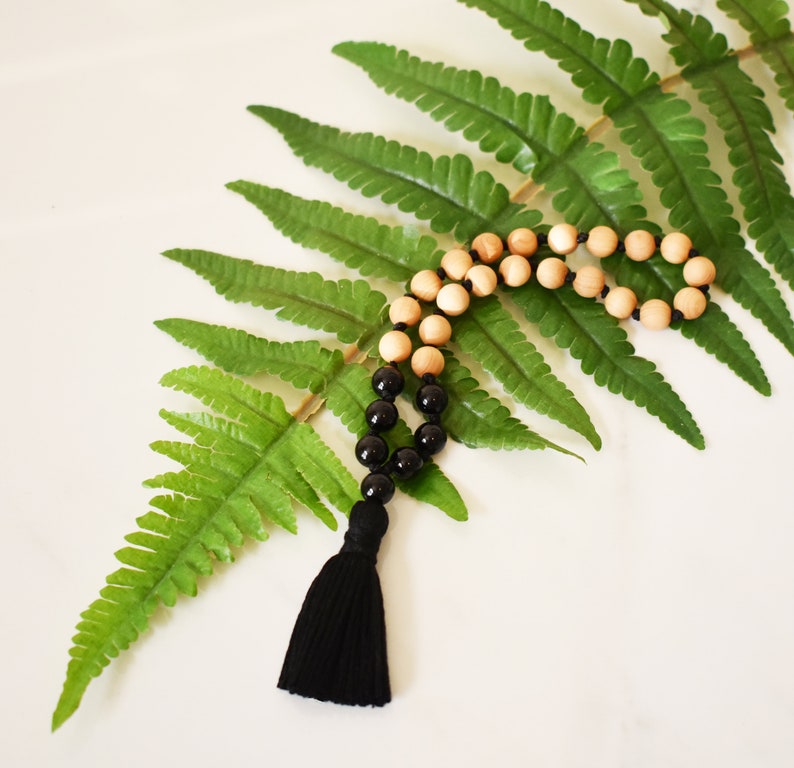 sandalwood and black onyx meditation beads, 27 bead sandalwood and gemstone mini mala, meditation gift