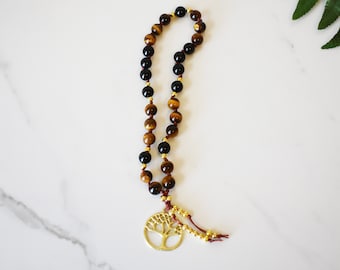 Tiger Eye & Black Onyx Mala Beads: Tree of Life Meditation Mala