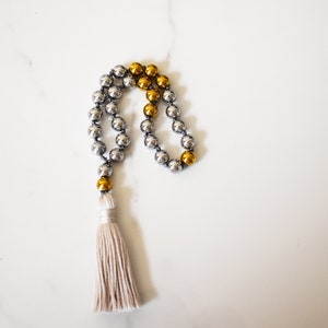 Silver and Gold Hematite Mini Mala, 27 Bead Hand Knotted Hematite Meditation Mala,  Meditation Beads, Prayer Beads, Meditation Gift, Mindful