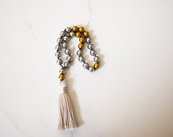 Hand Knotted Hematite Mini Mala: Silver & Gold Meditation Beads