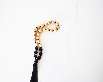 Hand Knotted Sandalwood & Black Onyx Mini Mala: 27 Bead Meditation Beads