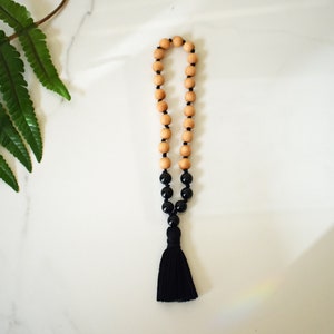 sandalwood and black onyx meditation beads, 27 bead sandalwood and gemstone mini mala, anti anxiety gift
