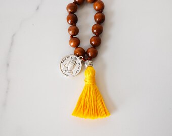Hand Knotted Serenity Prayer Beads: Bayong Wood, Silver Charm