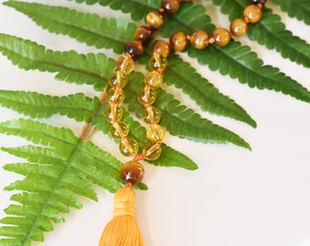 Prosperity and Protection Mala, 27 Bead Citrine and Tiger Eye Mini Mala,  Hand NKnotted Mini Mala, Meditation Beads, Meditation Gifts