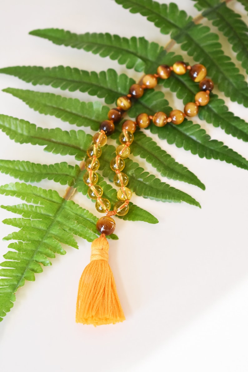 Prosperity and Protection Mala, 27 Bead Citrine and Tiger Eye Mini Mala, Hand NKnotted Mini Mala, Meditation Beads, Meditation Gifts image 1