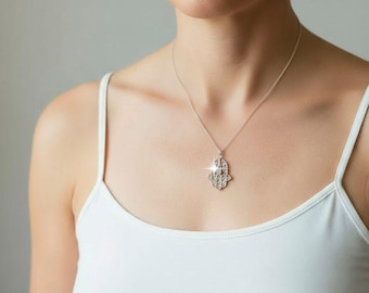 Sterling Silver Hamsa Necklace: CZ Diamond Hand of Fatima