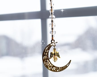 Guardian Angel Suncatcher: Gold Crescent Moon Hanging Crystals