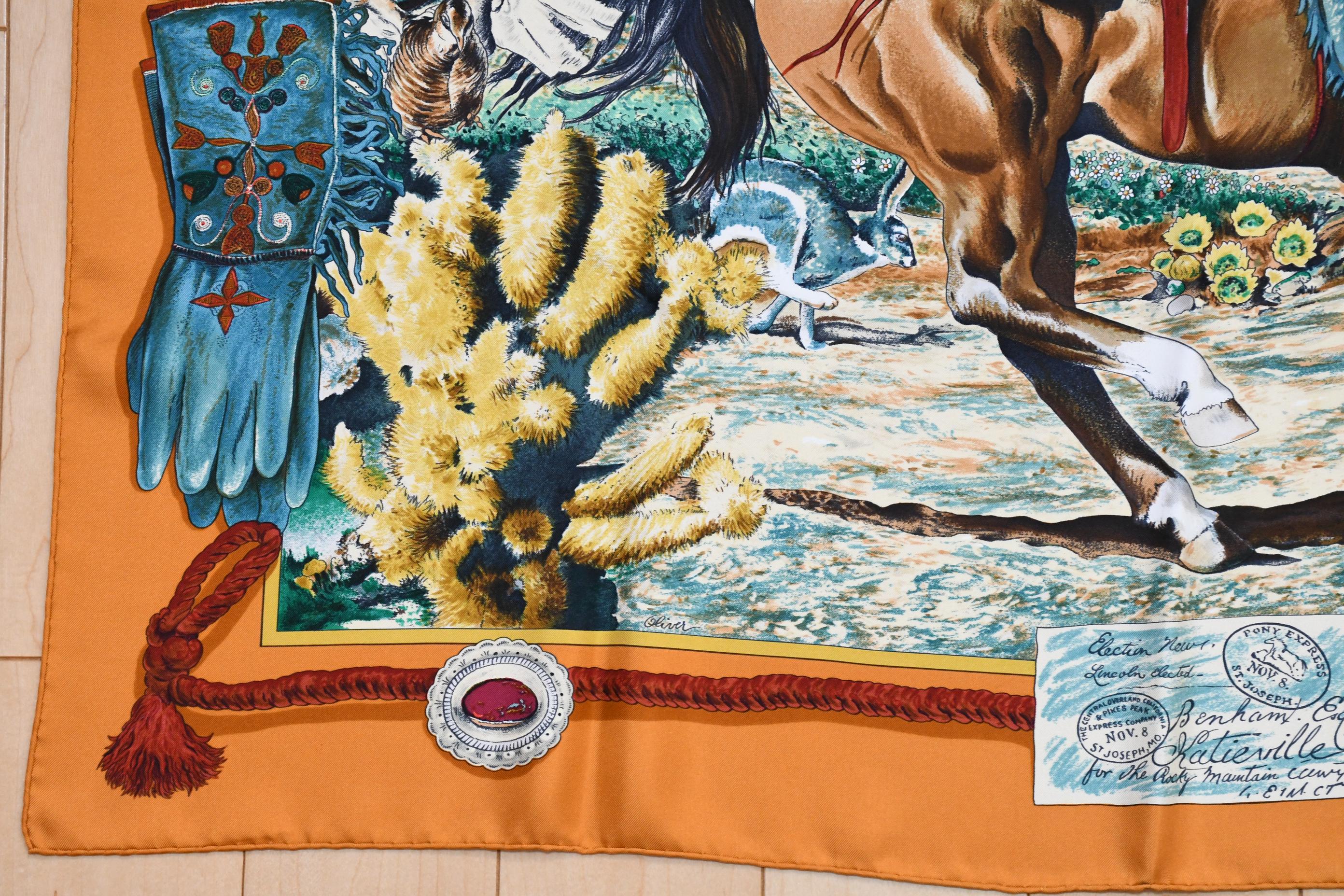 Hermes Scarf the Pony Express by Kermit Oliver 90 Cm Silk Brown
