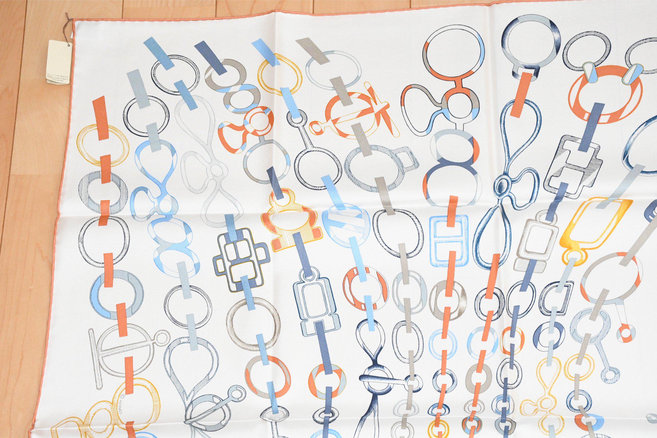 Hermes Scarf Do Re Boucles 90 Cm Silk White Carre Buckle Chain 35