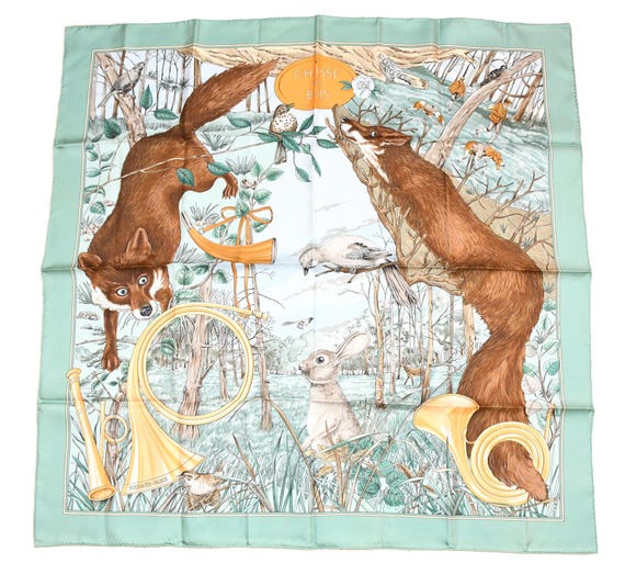 美品　エルメス HERMES コッカースパニエルChasse en Foret Hermes Scarf Chasse Au Bois 90 Cm Silk Light Green Carre Fox