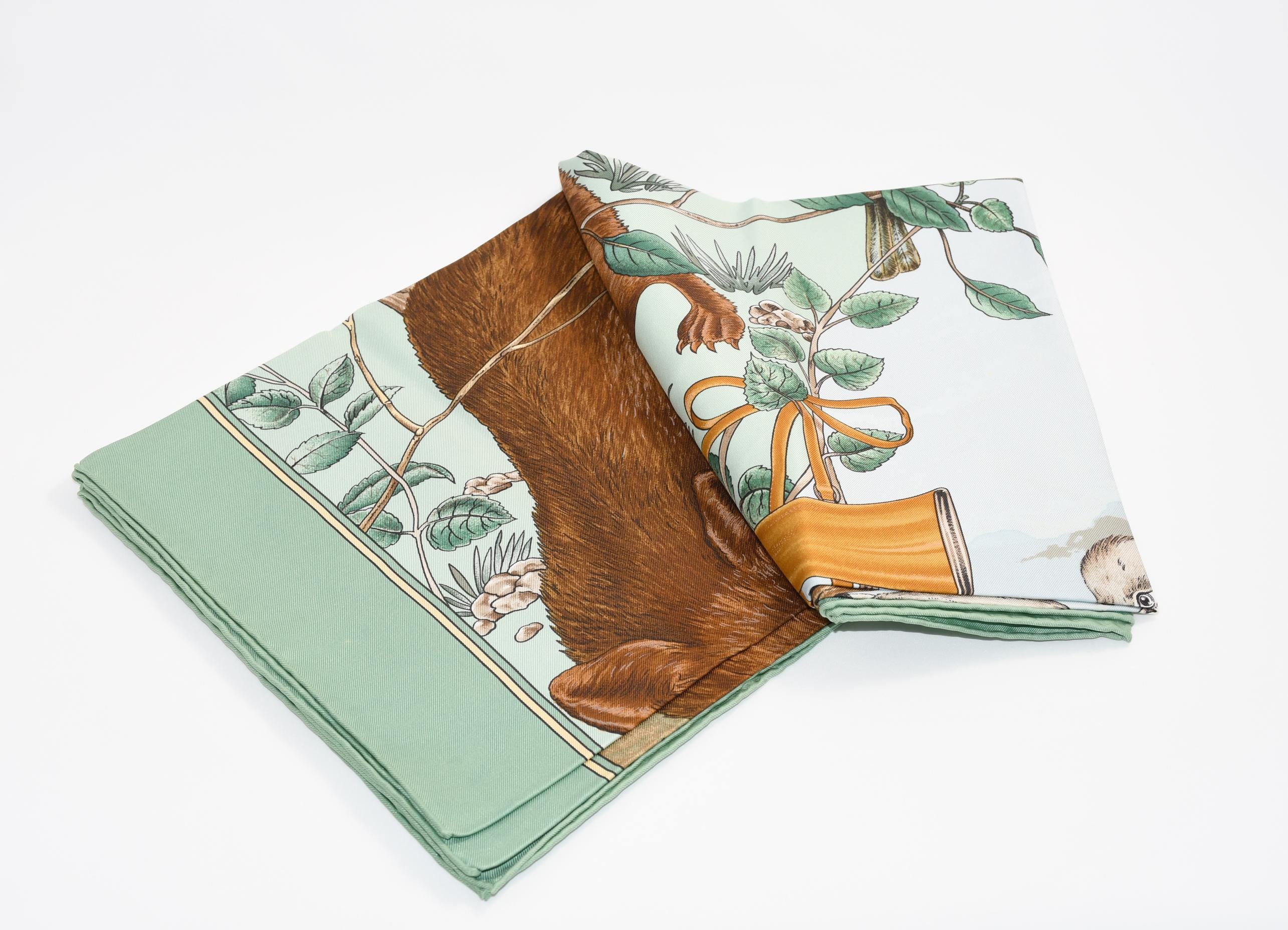 Hermes Scarf Chasse Au Bois 90 Cm Silk Light Green Carre Fox