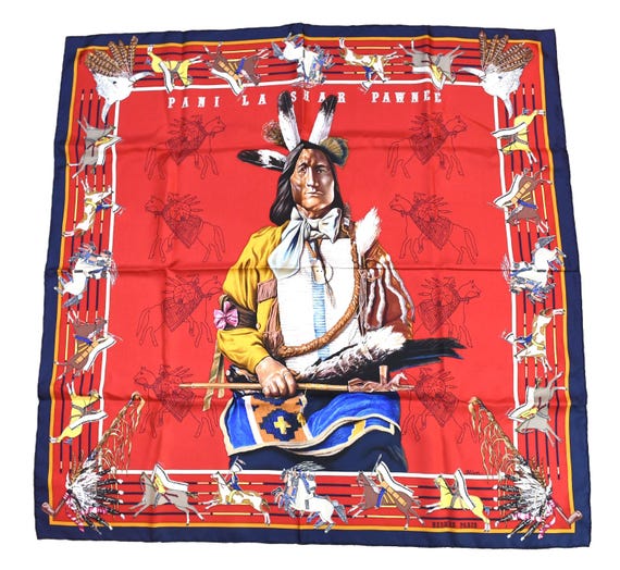 Hermes Scarf Pani La Shar Pawnee 90 Cm Silk Red Native American