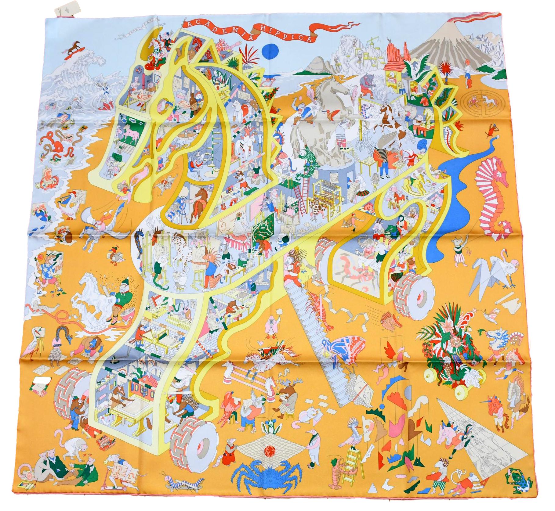 Hermes Scarf Academia Hippica 90 Cm Silk Orange Carre Horse