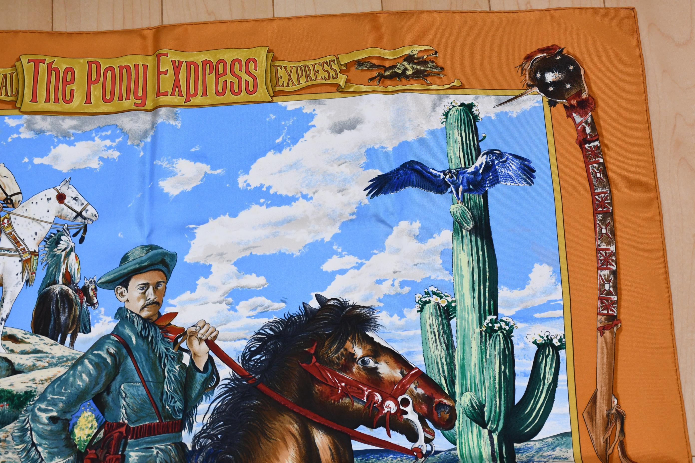 Hermes Scarf the Pony Express by Kermit Oliver 90 Cm Silk Brown