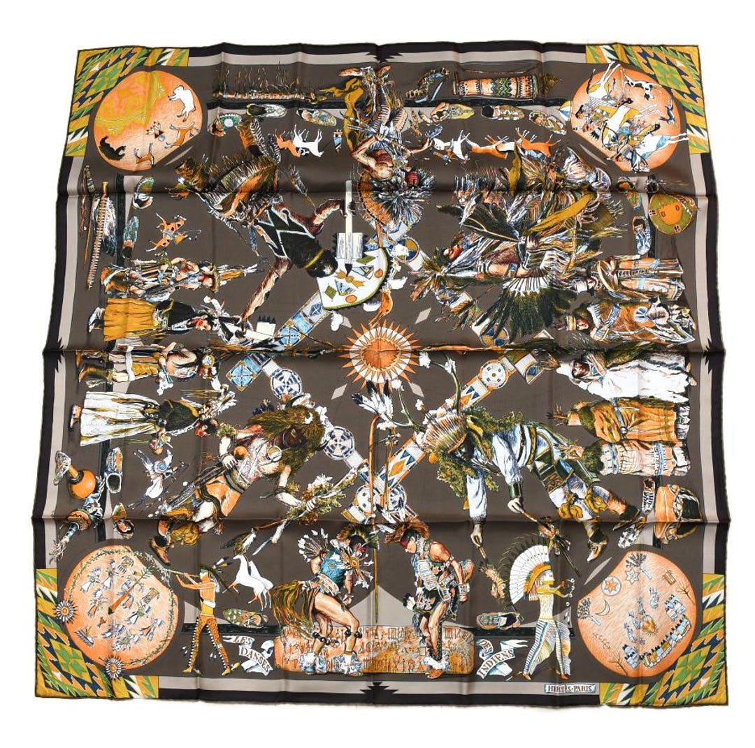 HERMES カレ90 LES DANSES DES INDIENS Hermes Scarf Les Danses Des Indiens 90 Cm Silk Brown Carre Kachina