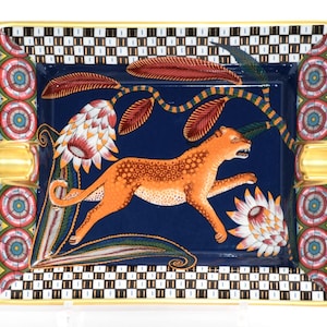Hermes The Savana Dance Change tray navy porcelain Ashtray plate panther leopard