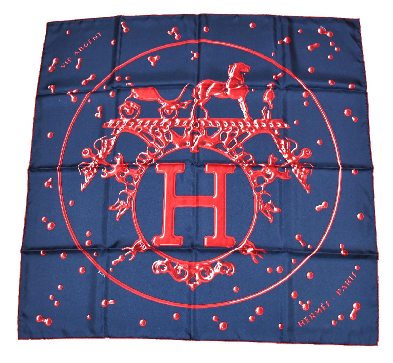 Hermes Scarf Vif Argent by Dimitri Rybaltchenko 90 Cm Silk Navy