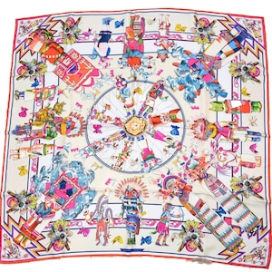 Hermes Carre Waschschal Kachina by Kermit Oliver 90 cm seide natur weiss rosa Carre 35"
