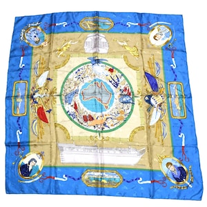 Bufanda Hermes Le Geographe 90 cm seda azul geografía Carré mapa 35″