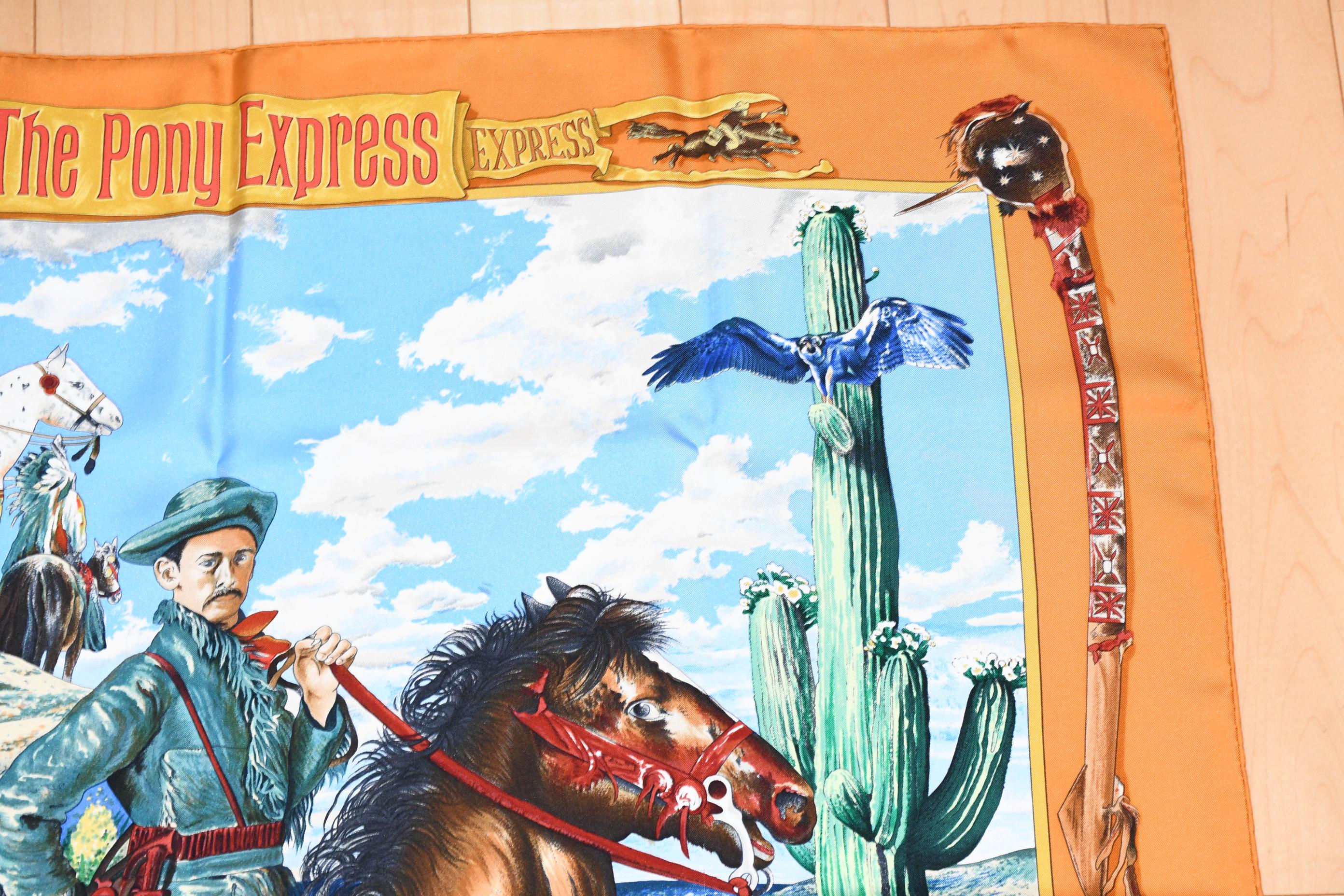 Hermes Scarf the Pony Express by Kermit Oliver 90 Cm Silk Brown