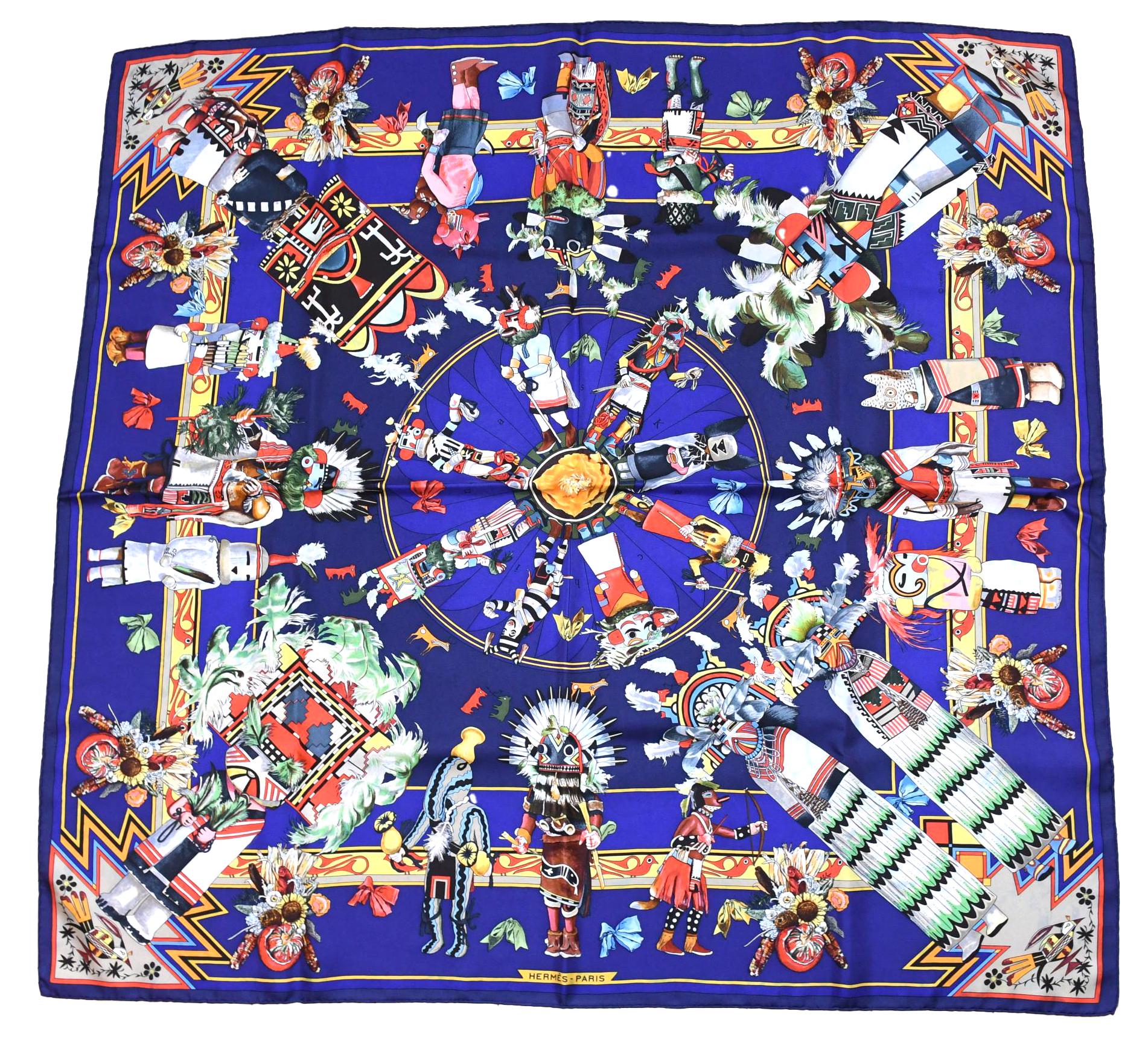 カチナ　HERMES　エルメス　アスコットタイ　KACHINAS ブルー　黒 カチナ HERMES エルメス アスコットタイ KACHINAS ブルー 黒 【公式通販】