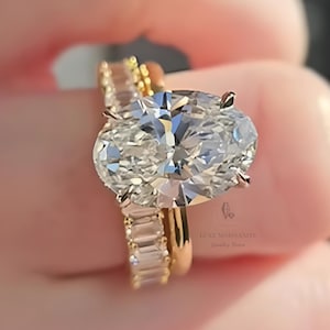 3.50 CT Oval Cut Moissanite Wedding Ring Set 14K Yellow Gold Moissanite Engagement Ring Set Emerald Eternity Matching Band Anniversary Gift