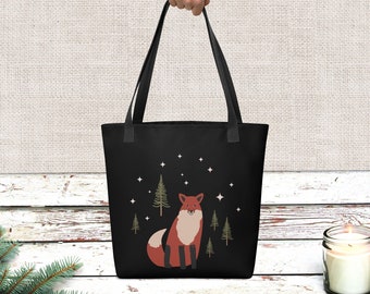 Fox Tote Bag, Reusable Black Tote Printed with Illustration Art, Red Fox, Animal Lover Gift, Tote for Shopping