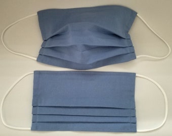 Light Blue Pleated Face Mask with Removable Nose Band and Filter Opening with White Cord Elastic