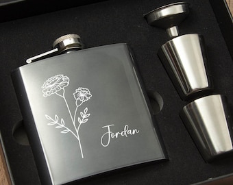 Birth Flower Hip Flask Set, Stainless Steel Flask Set, Floral Name Hip Flask, Unique Gift for Him Her, Name Flask, Engagement Party Favors