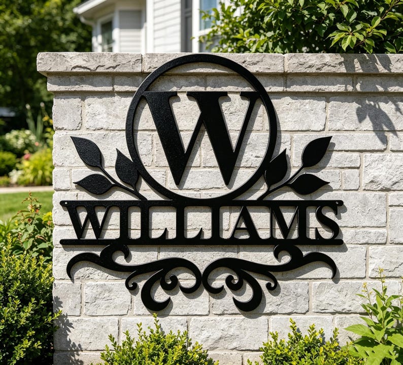 Pode incluir: Uma placa de metal preta com uma letra W grande centralizada dentro de uma moldura circular, com o nome WILLIAMS exibido em letras mai&uacute;sculas numa barra horizontal abaixo, acentuada por motivos de folhas e volutas decorativas.