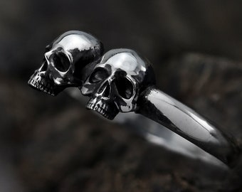 Sterling Silver Skull Ring, Dual Skull Design, Edgy Statement Accessory for Men and Women