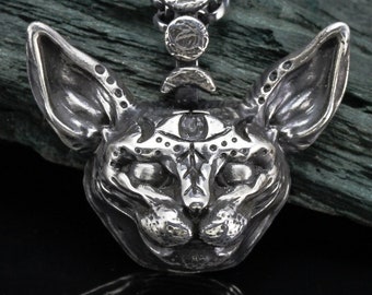 Sphynx cat,  triple moon, evil eye necklace