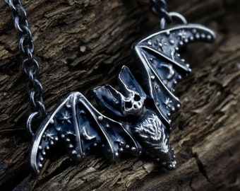 Bat pendant necklace, sterling silver