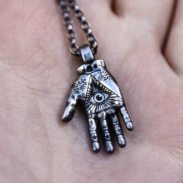 Palmistry hand necklace, third eye