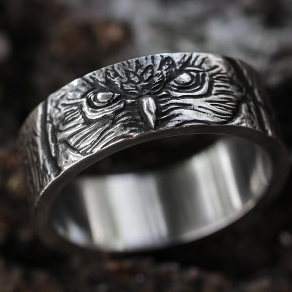 owl ring, sterling silver owl, tree bark ring, animal ring