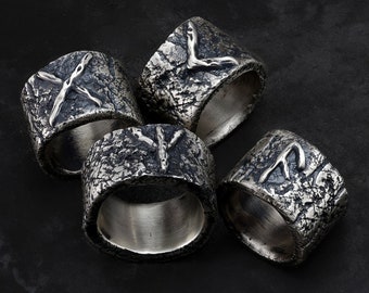 Sterling Silver Rune Ring with Textured Bark Finish