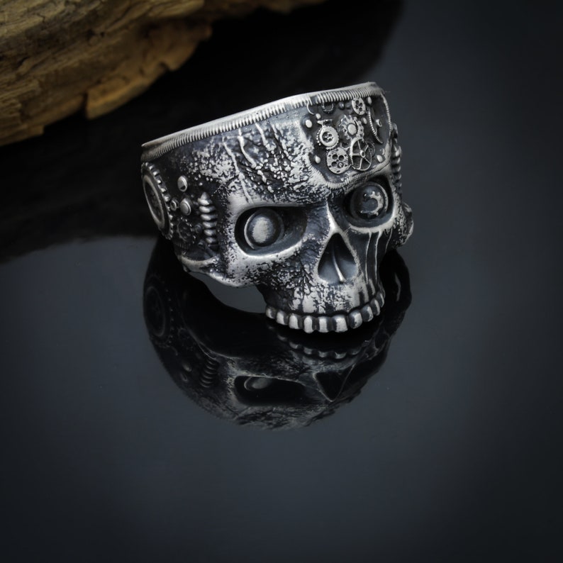 Steampunk ring, steampunk jewelry, skull rings for men and women, half jaw skull ring, unique silver skull ring image 6