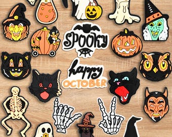 20 PC Halloween Shoe Charms Set – Spooky Witch, Ghost, Pumpkin, Skeleton & Black Cat Accessories for Shoes, Bags, Bracelets, Sandals...