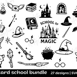 May include: Black and white illustrations of wizarding school elements. Includes a castle, witch hats, wands, a broom, potion bottles, a fox, and the text "School of Magic". The words "Wizard school bundle" are also present.