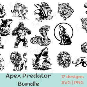 May include: Black and white illustrations of apex predators, including a rhino, tiger, eagle, leopard, and T-Rex. Other animals include a dolphin, gorilla, bear, snake, wolf, shark, lion, and crocodile. The text "Apex Predator Bundle" is also included.