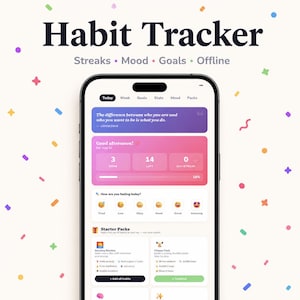 Op de afbeelding: Een smartphone scherm met de interface van een "Habit Tracker" app. De app toont secties voor streaks, stemming en doelen, met een citaat bovenaan. Kleurrijke confetti omringen de telefoon, wat de visuele aantrekkingskracht van het ontwerp verbetert.