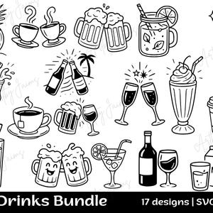 Pode incluir: Ilustração a preto e branco de várias bebidas, incluindo café, cerveja, cocktails e vinho. A imagem inclui uma bebida de coco, um milkshake e taças de champanhe. As palavras "Drinks Bundle" estão na parte inferior.