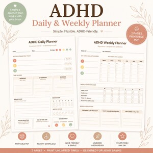 Può includere: Un pianificatore giornaliero e settimanale ADHD stampabile con un design semplice e flessibile. Il pianificatore include sezioni per priorità, blocchi temporali e monitoraggio delle abitudini. Il testo sul pianificatore recita "ADHD Daily & Weekly Planner".