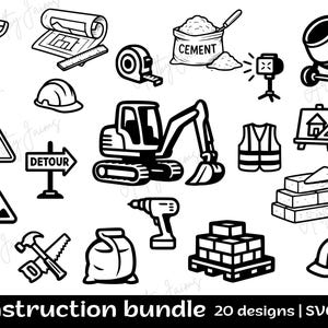 Op de afbeelding: Zwart-wit illustraties met een bouwthema. Inclusief een schop, blauwdrukken, een meetlint, een cementzak, een schijnwerper, een betonmolen, waarschuwingsborden, een omleidingsbord, een graafmachine, een boor, een veiligheidsvest, metselaars en helmen. Tekst: Construction bundle 20 designs.