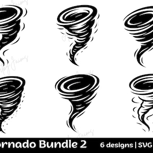 May include: Black and white illustrations of six tornadoes. Each design features a swirling vortex with a funnel shape. The text "Tornado Bundle 2" is at the bottom, along with "6 designs | SVG | PNG".