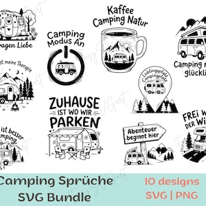 Peut inclure: Un ensemble de dix motifs graphiques en noir et blanc sur le thème du camping, illustrant des camping-cars, des montagnes, des forêts et des phrases en allemand telles que Wohnwagen Liebe, Camping Modus An, Kaffee Camping Natur et Camping macht glücklich.