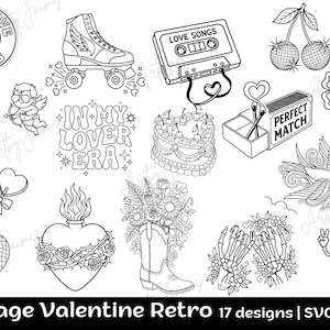 May include: Black and white line art illustrations of vintage Valentine's Day and retro-themed designs. Includes a roller skate, cassette tape, cake, matchbox, cherub, heart-shaped lollipop, and text that reads "Self Love Club" and "In My Lover Era".