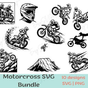 Op de afbeelding: Zwart-wit motocross SVG-bundel met 10 ontwerpen. De afbeeldingen tonen rijders op motorfietsen in verschillende actieposes, waaronder springen en racen. Een motocrosshelm is ook afgebeeld.