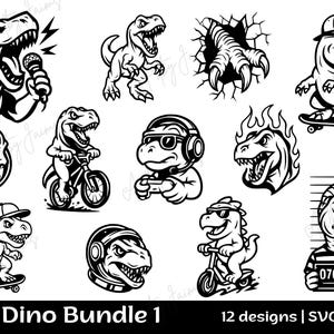 Cool Dino SVG Bundle – 12 Funny & Edgy Dinosaur Designs | Skateboard, Gaming, Rap T-Rex PNG | Cricut Cut Files for Boys Crafts