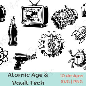 Atomic Age SVG Bundle | 10 Retro Sci-Fi & Vault Tech Designs | 50s Ray Gun, Wrist Computer, Gear Door | Vintage Vector for Cricut, Shirts